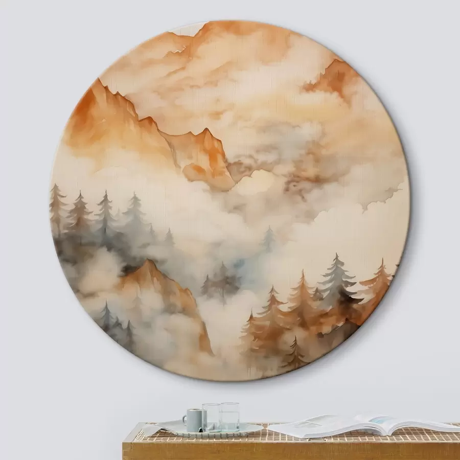 murales de pared Bosque y montañas imitación de acuarela, tonos anaranjados r42119