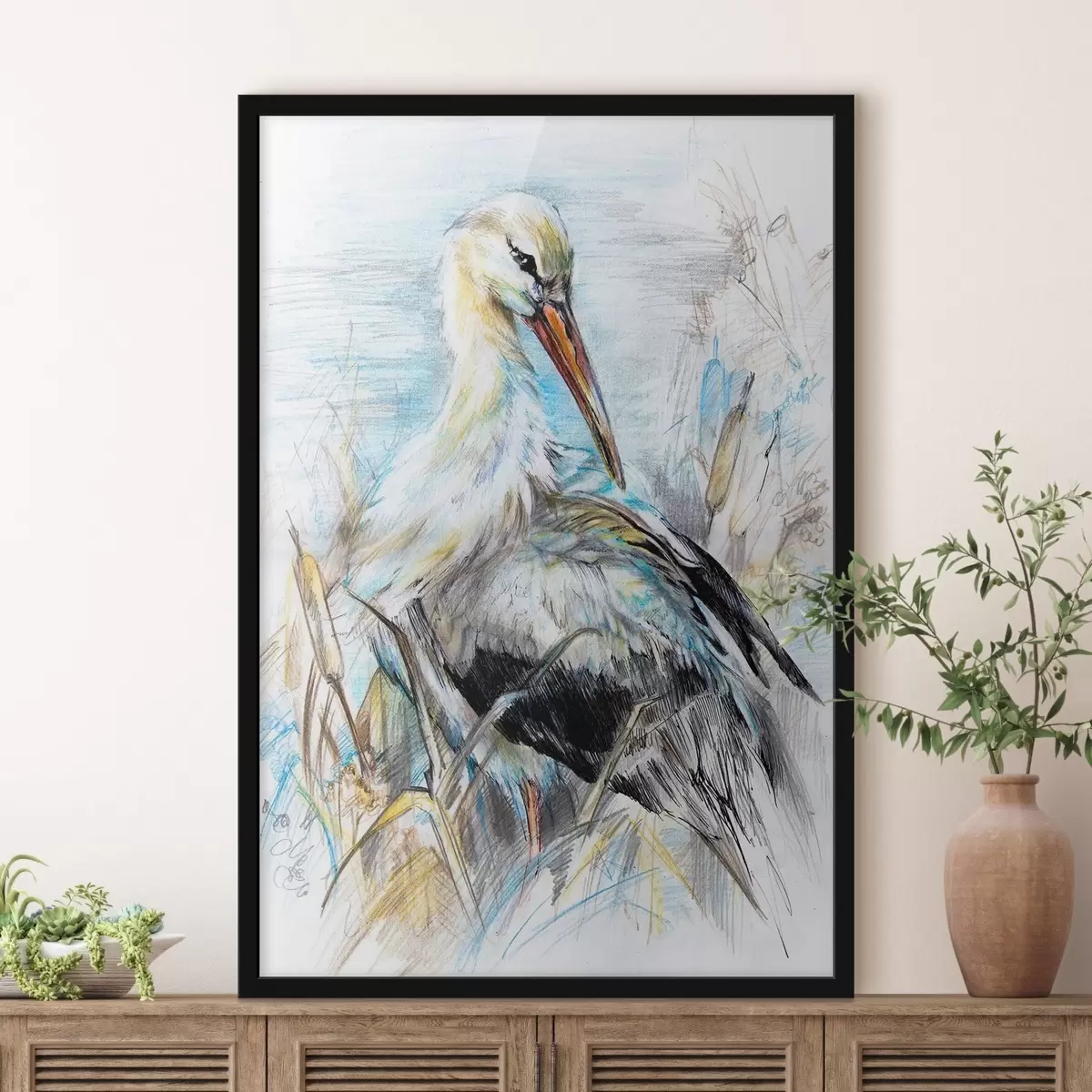 Poster Cigüeña cerca del agua entre plantas secas f34607