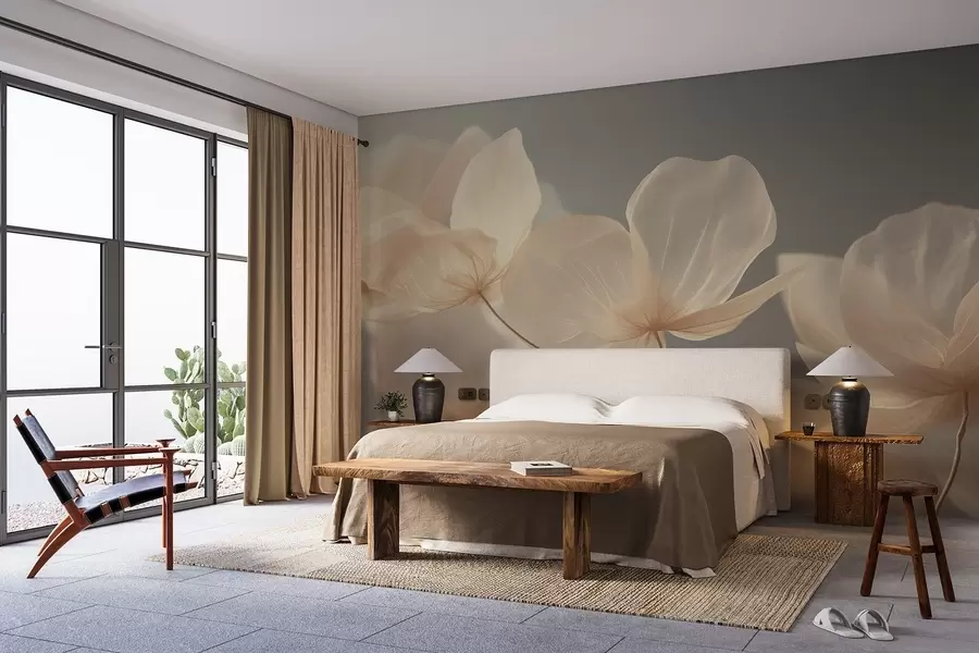 murales de pared Pétalos de loto, una delicada composición con fondo gris w08500v2