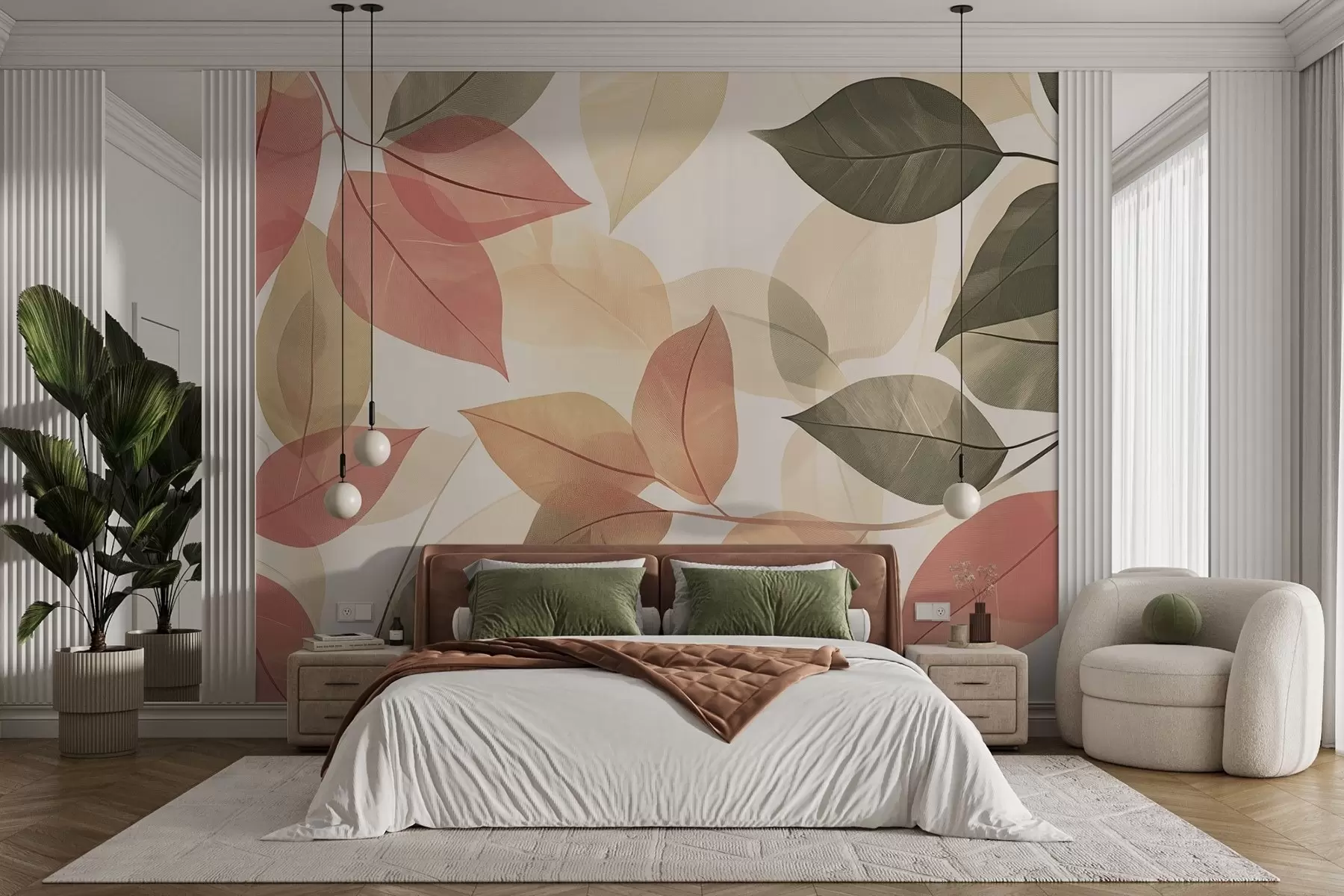 murales de pared Ramas de hojas en tonos rojos y verdes w08502