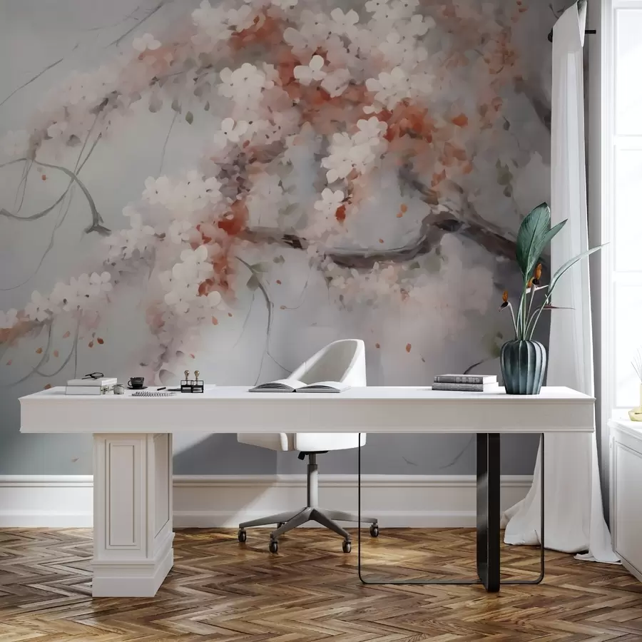 murales de pared Rama abstracta con flores blancas y rojas imitación de pintura w02594
