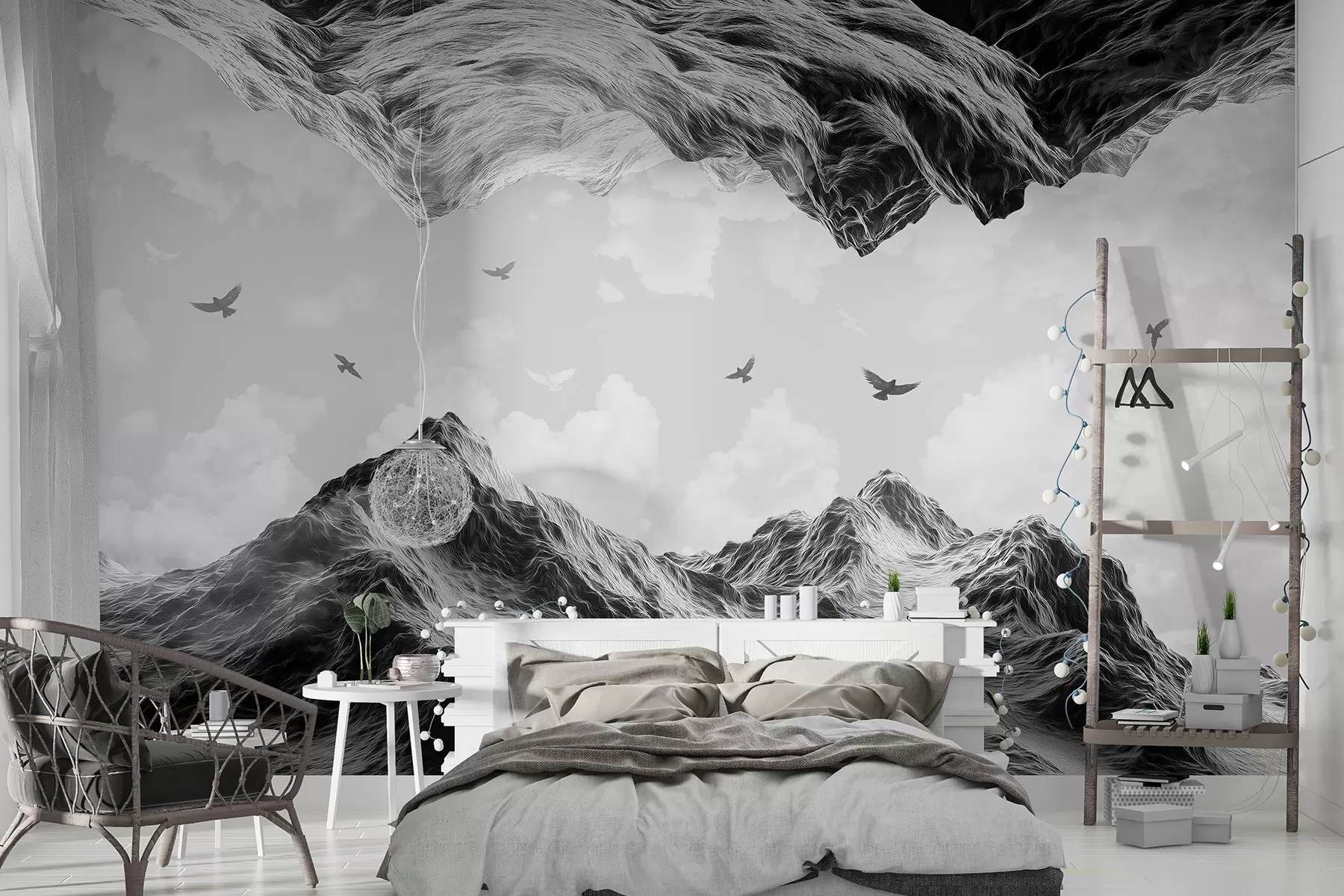 murales de pared Paisaje de montaña, realismo, pájaros volando, naturaleza, nubes, colores blanco y negro w02514