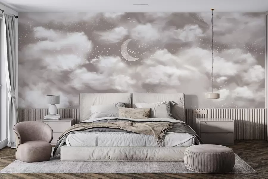 murales de pared Cielo estrellado con luna y nubes, soñador, etéreo, colores beige suaves w02515