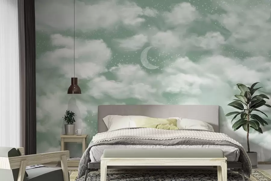 murales de pared Cielo estrellado con luna y nubes, soñador, etéreo, colores verdes suaves w02515v2