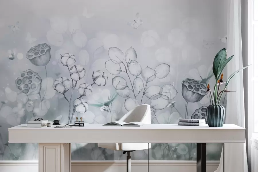 murales de pared Jardín de flores de ensueño, mariposa, flores de algodón, lotos, colores grises w02516v2