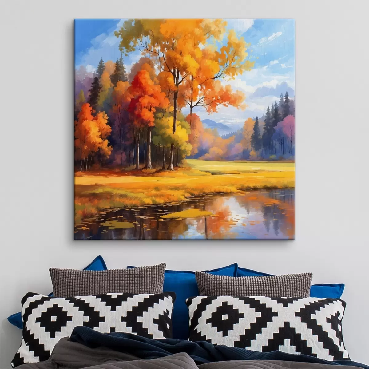 murales de pared Lago y bosque otoñal en estilo acrílico s41766