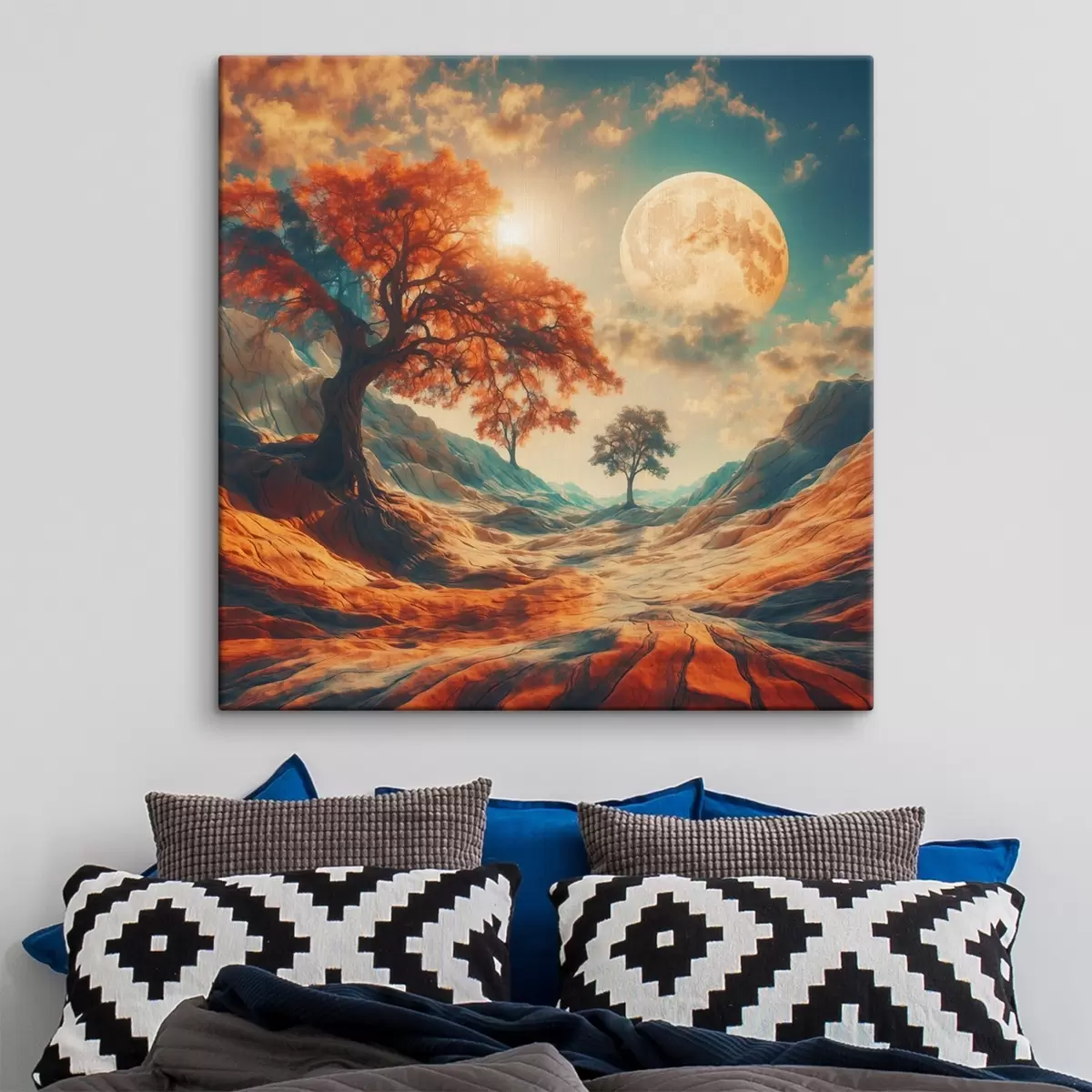 murales de pared Árboles y montañas sobre un enorme fondo lunar s41774