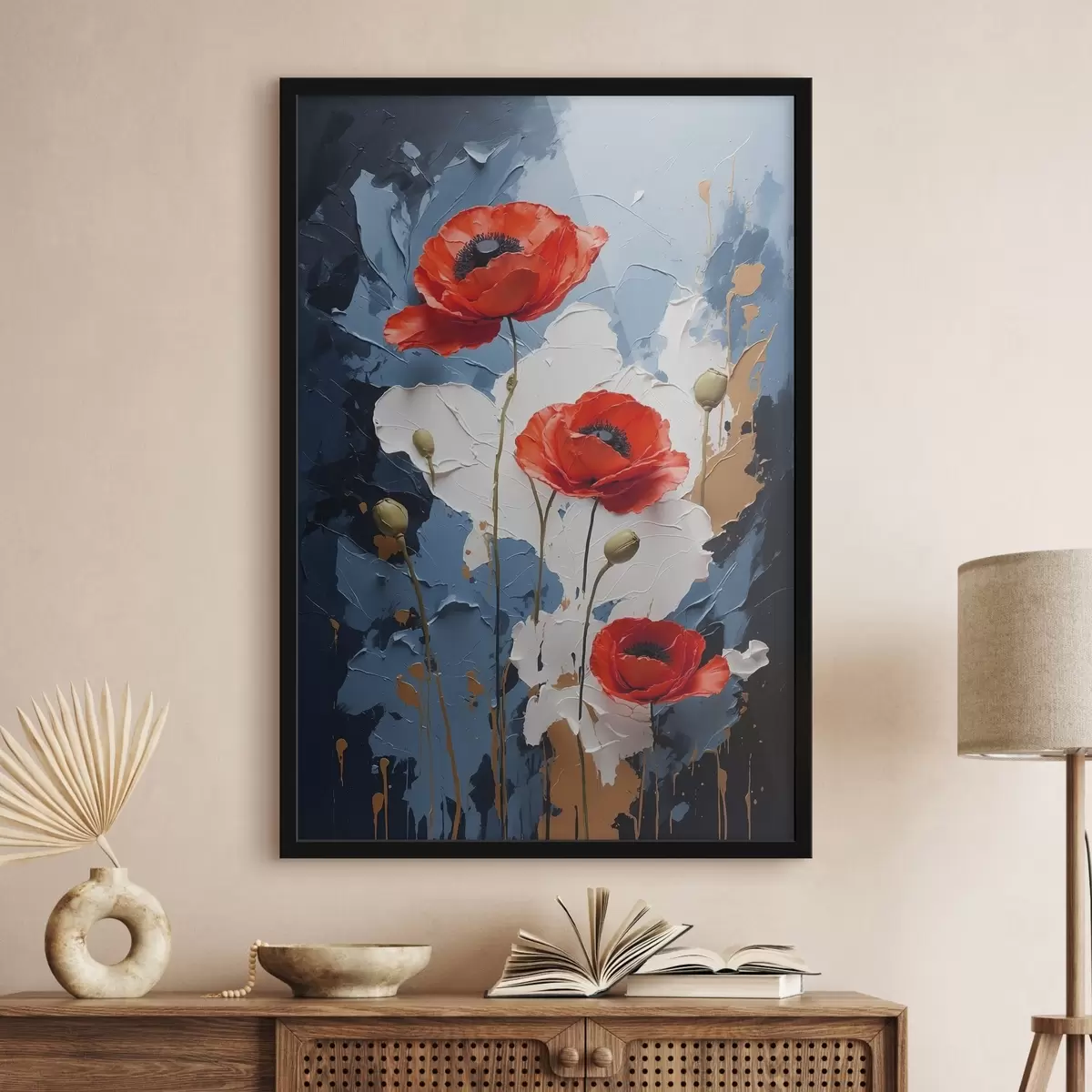 Poster Amapolas sobre fondo abstracto multicolor al óleo f41765