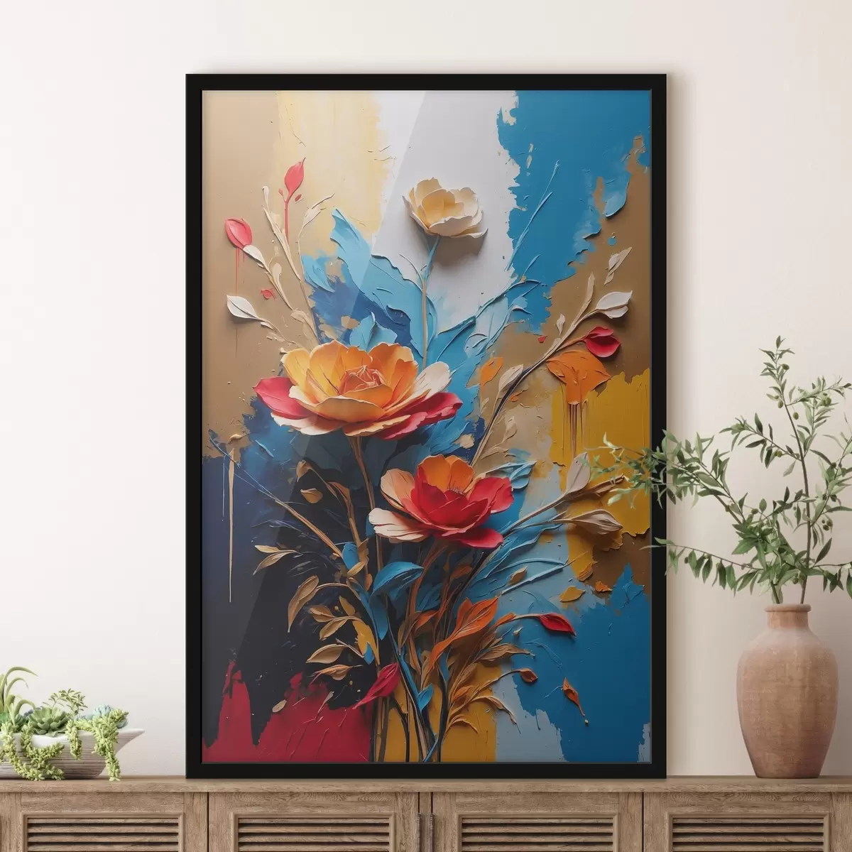 Poster Flores sobre fondo abstracto multicolor al óleo f41769