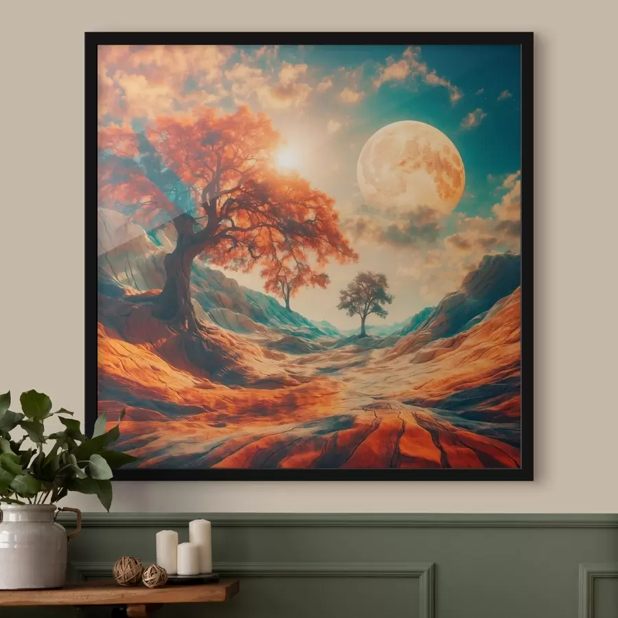 murales de pared Árboles y montañas sobre un enorme fondo lunar f41774