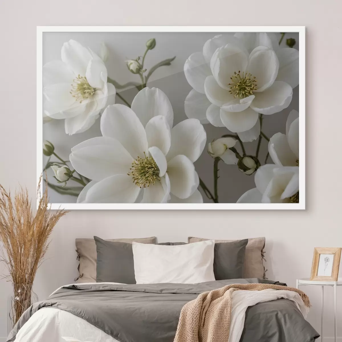 Poster Flores y tallos blancos sobre fondo claro f42097