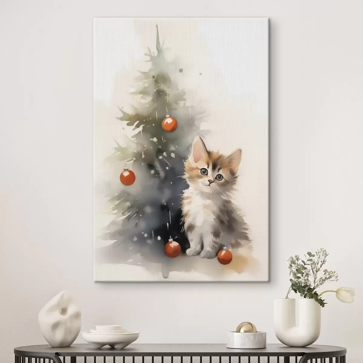 murales de pared Gatito cerca del árbol de navidad imitación de acuarela húmeda s42140