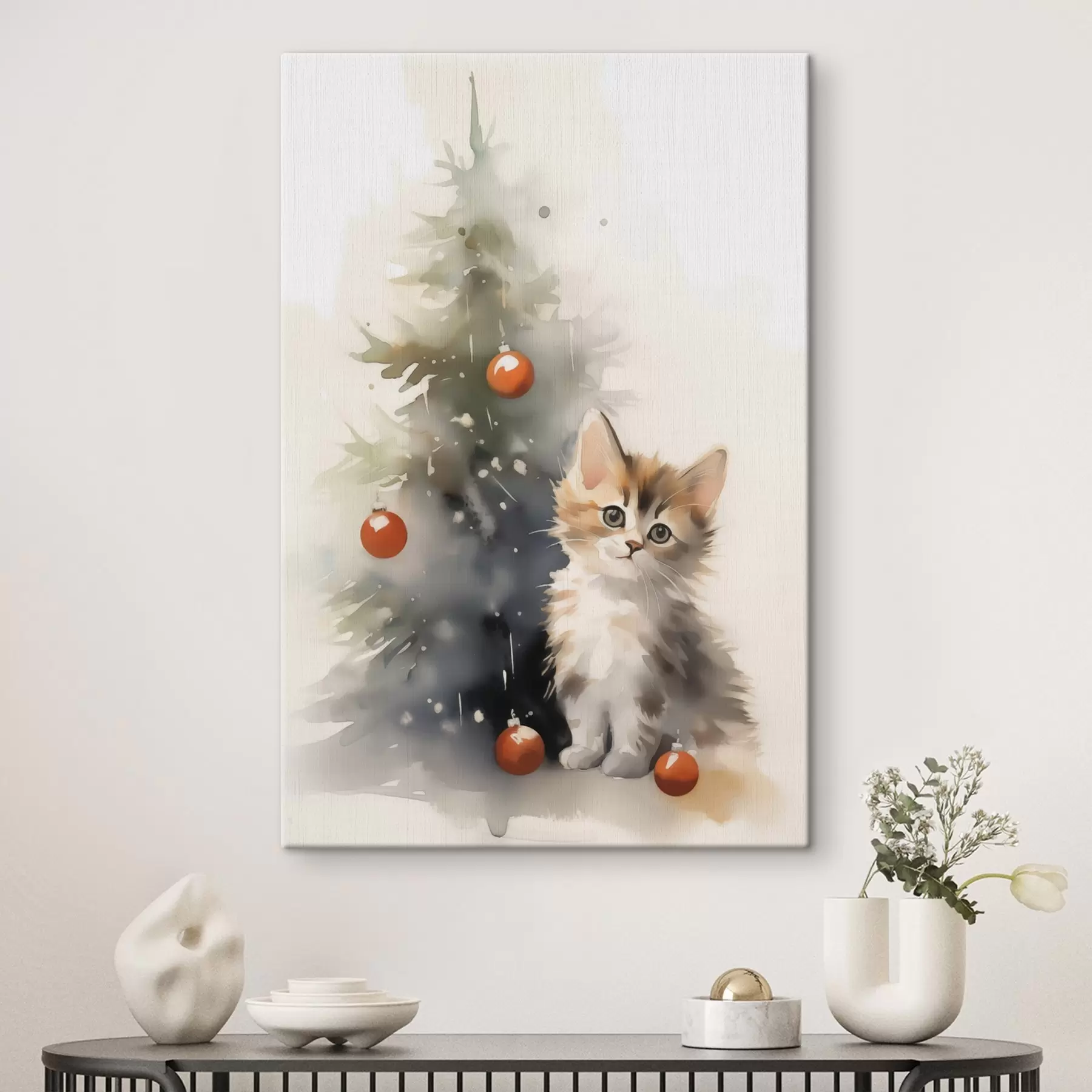 murales de pared Gatito cerca del árbol de navidad imitación de acuarela húmeda s42140