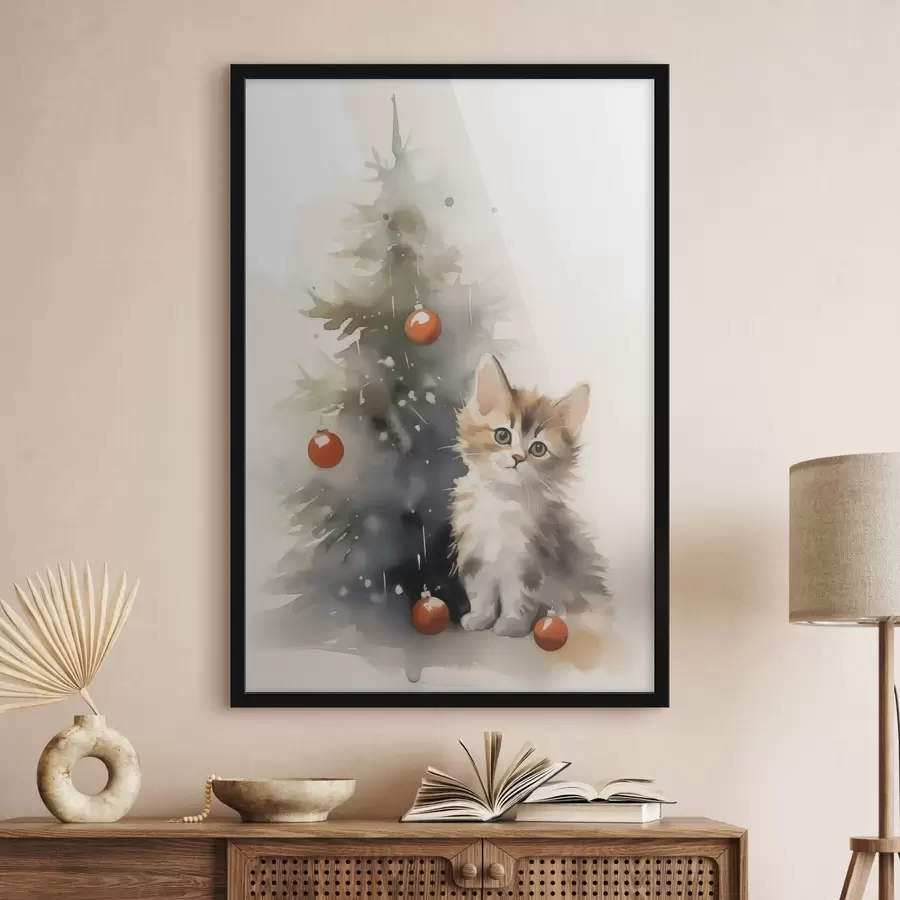 murales de pared Gatito cerca del árbol de navidad imitación de acuarela húmeda f42140