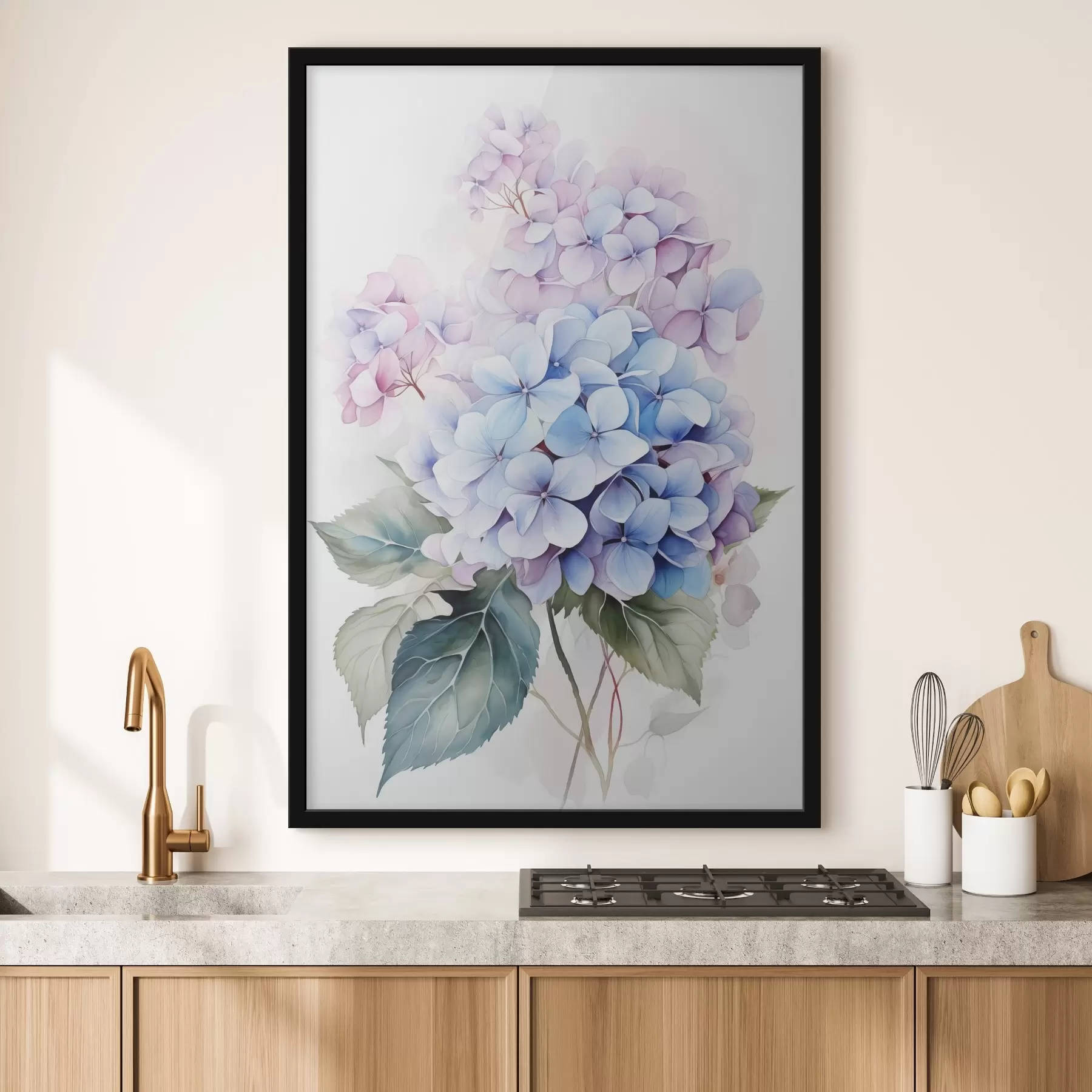 murales de pared Rama con flores de hortensia imitación acuarela f42143