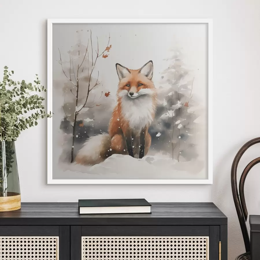 murales de pared Cachorro de zorro en un bosque nevado imitación acuarela f42146