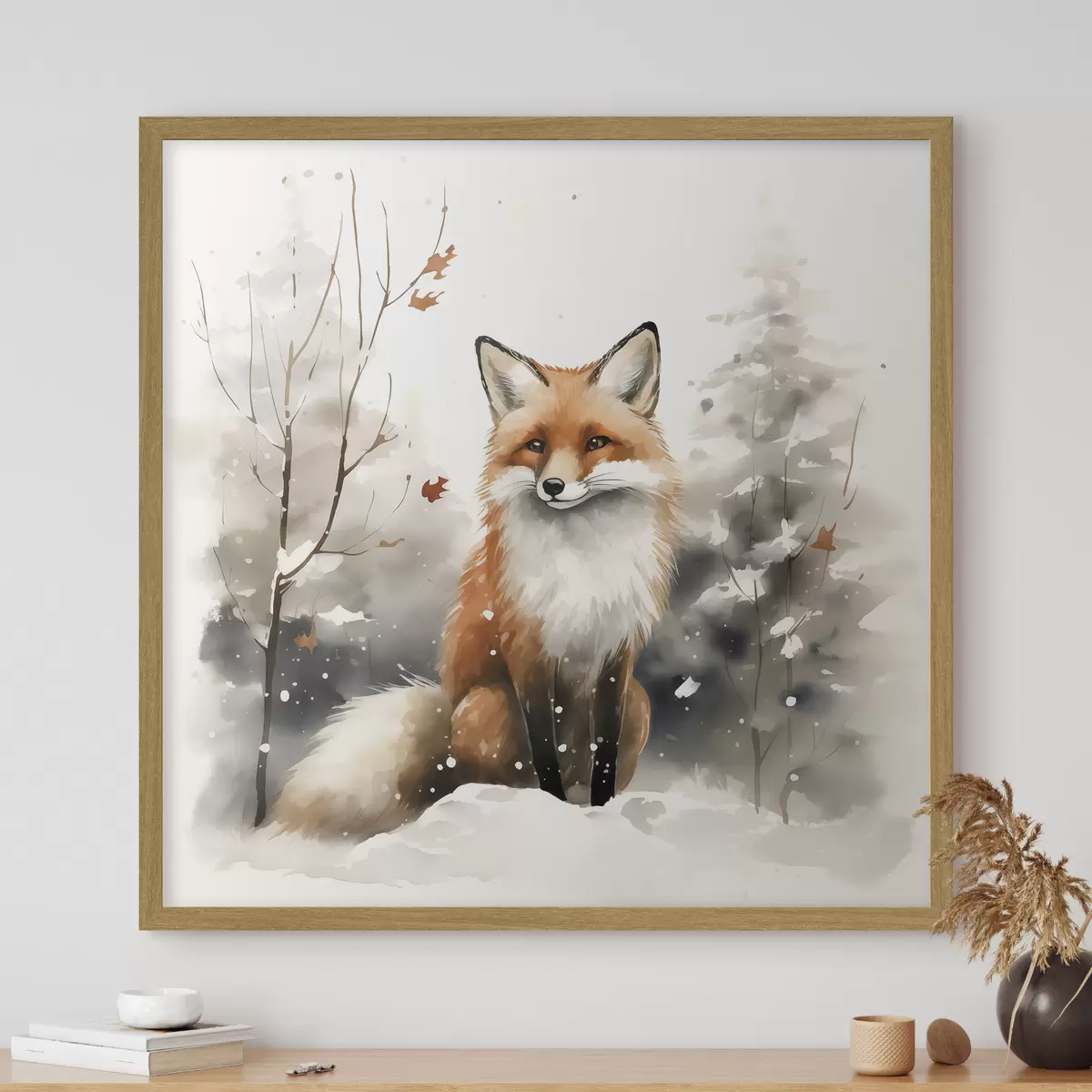 Poster Cachorro de zorro en un bosque nevado imitación acuarela f42146