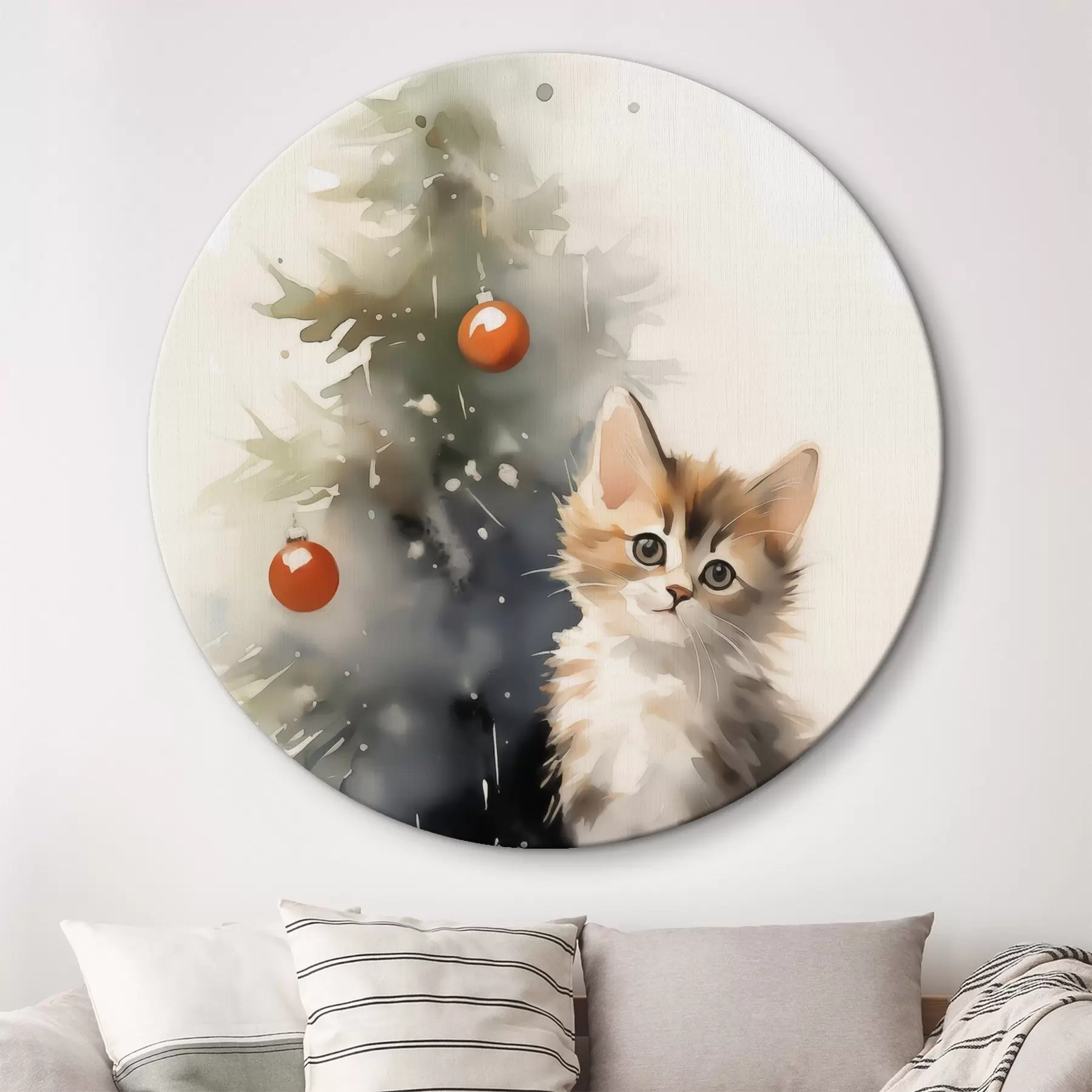 murales de pared Gatito cerca del árbol de navidad imitación de acuarela húmeda r42140