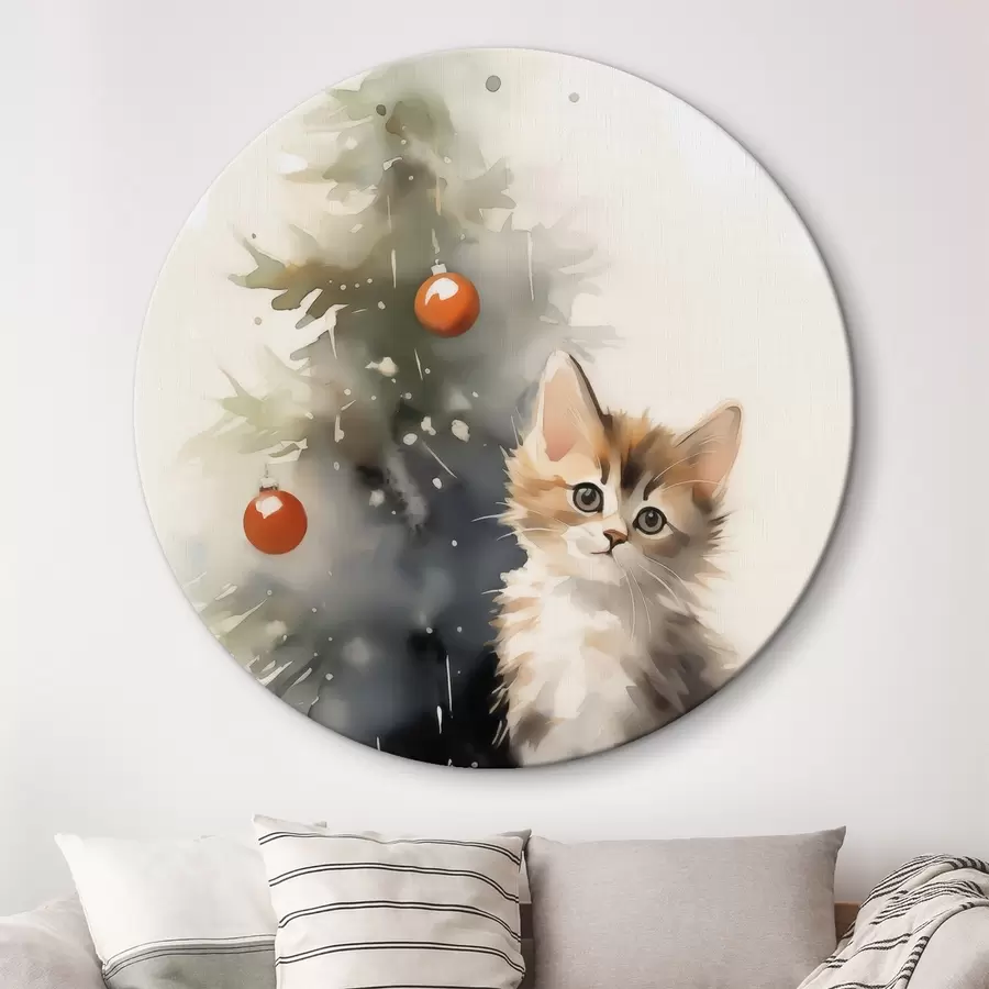 murales de pared Gatito cerca del árbol de navidad imitación de acuarela húmeda r42140