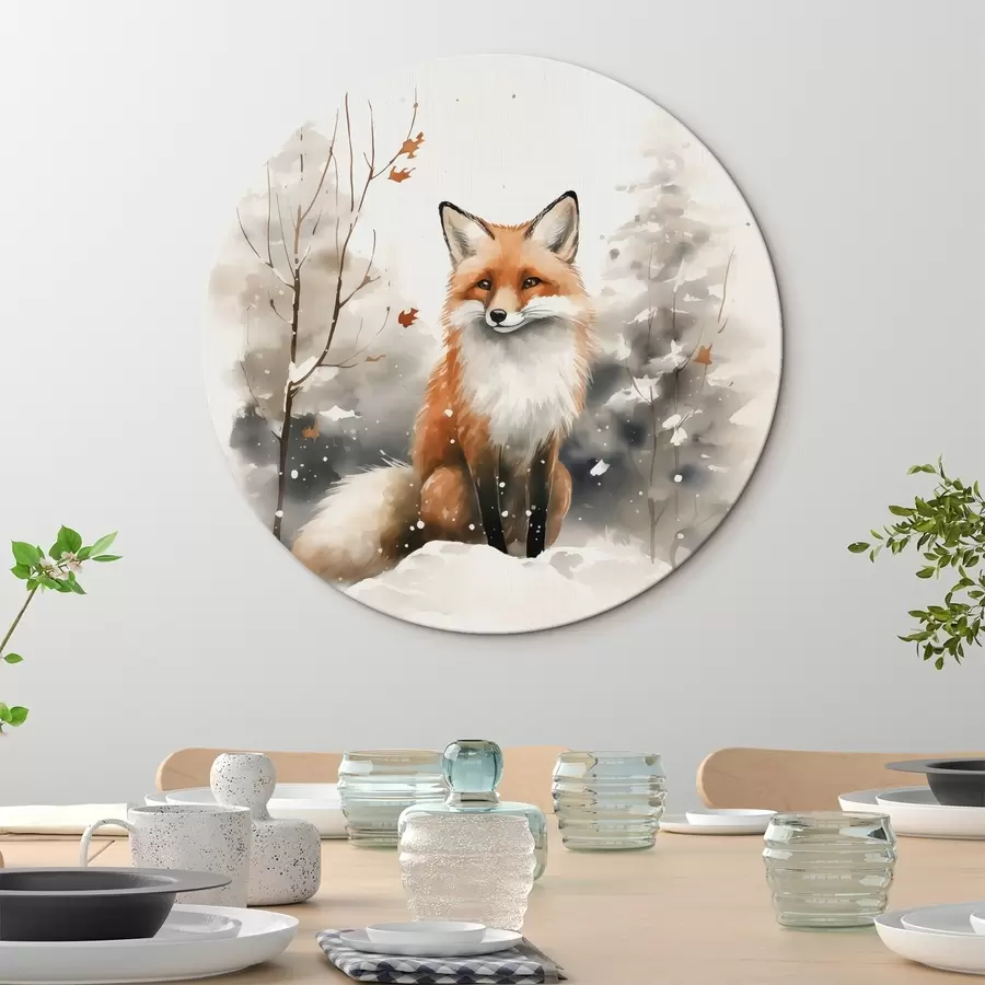 murales de pared Cachorro de zorro en un bosque nevado imitación acuarela r42146