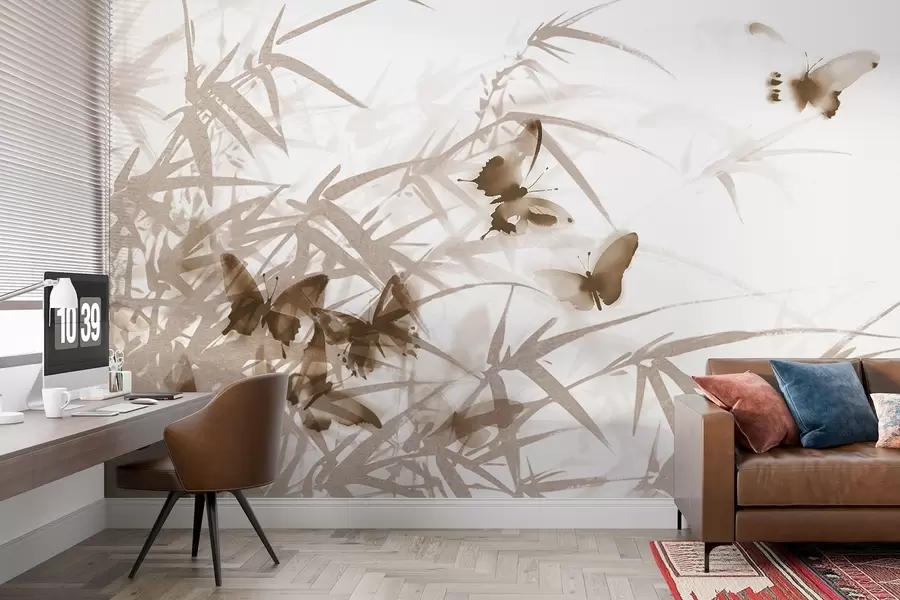 murales de pared Texturas de hojas y tallos de bambú con mariposas marrones voladoras de alas transparentes w08524v1