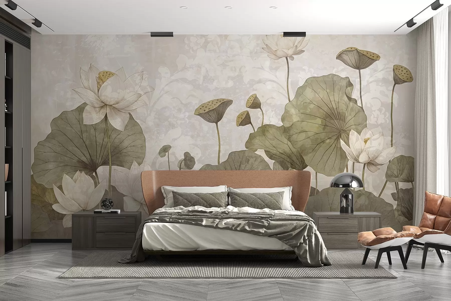 murales de pared Un campo de flores de loto blancas con grandes hojas verdes sobre un fondo beige de textura suave y brumosa w08527