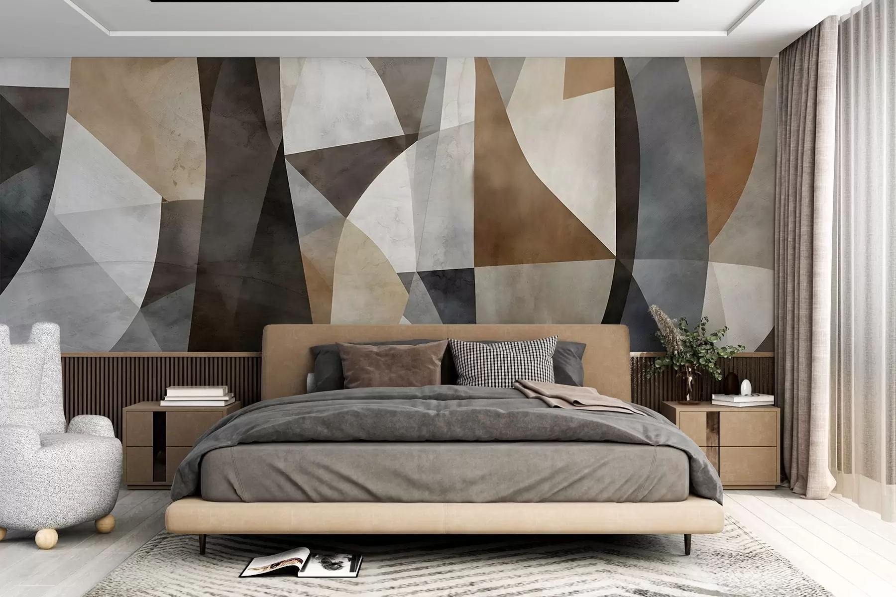 murales de pared Arte moderno abstracto de formas geométricas texturadas en tonos marrones, grises y beige w08530