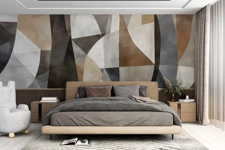murales de pared Arte moderno abstracto de formas geométricas texturadas en tonos marrones, grises y beige w08530