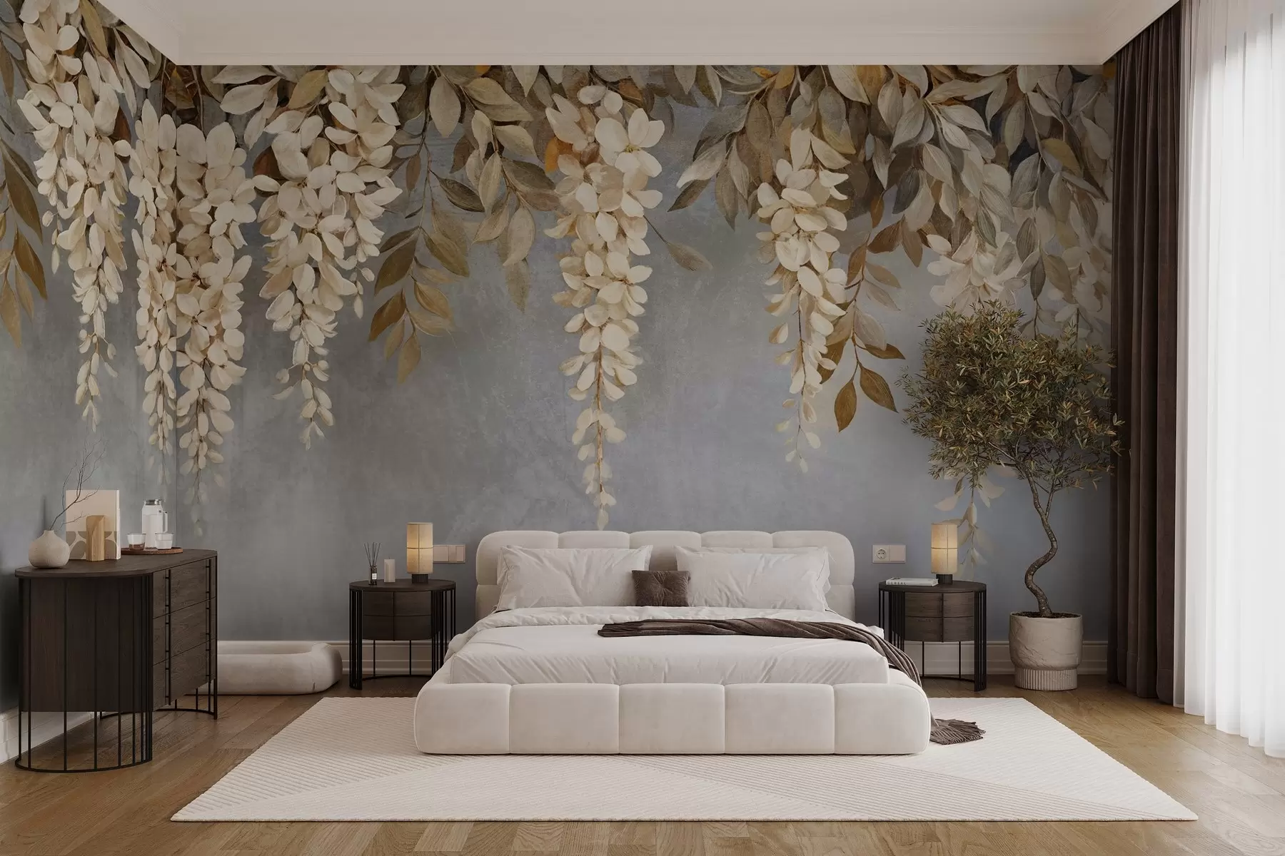 murales de pared Delicadas flores de glicinia blancas y beige claro con follaje en cascada sobre un fondo gris suave w08531