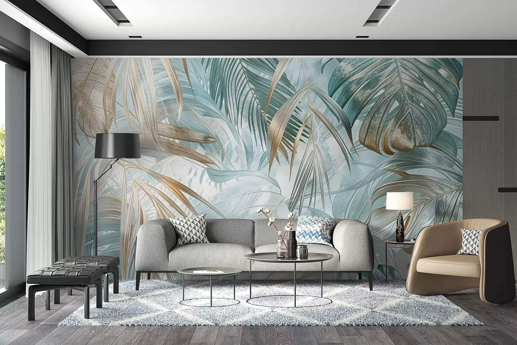 murales de pared Un estampado floral abstracto tropical con grandes hojas de palmera en tonos azules y beige crea un ambiente exuberante w08532