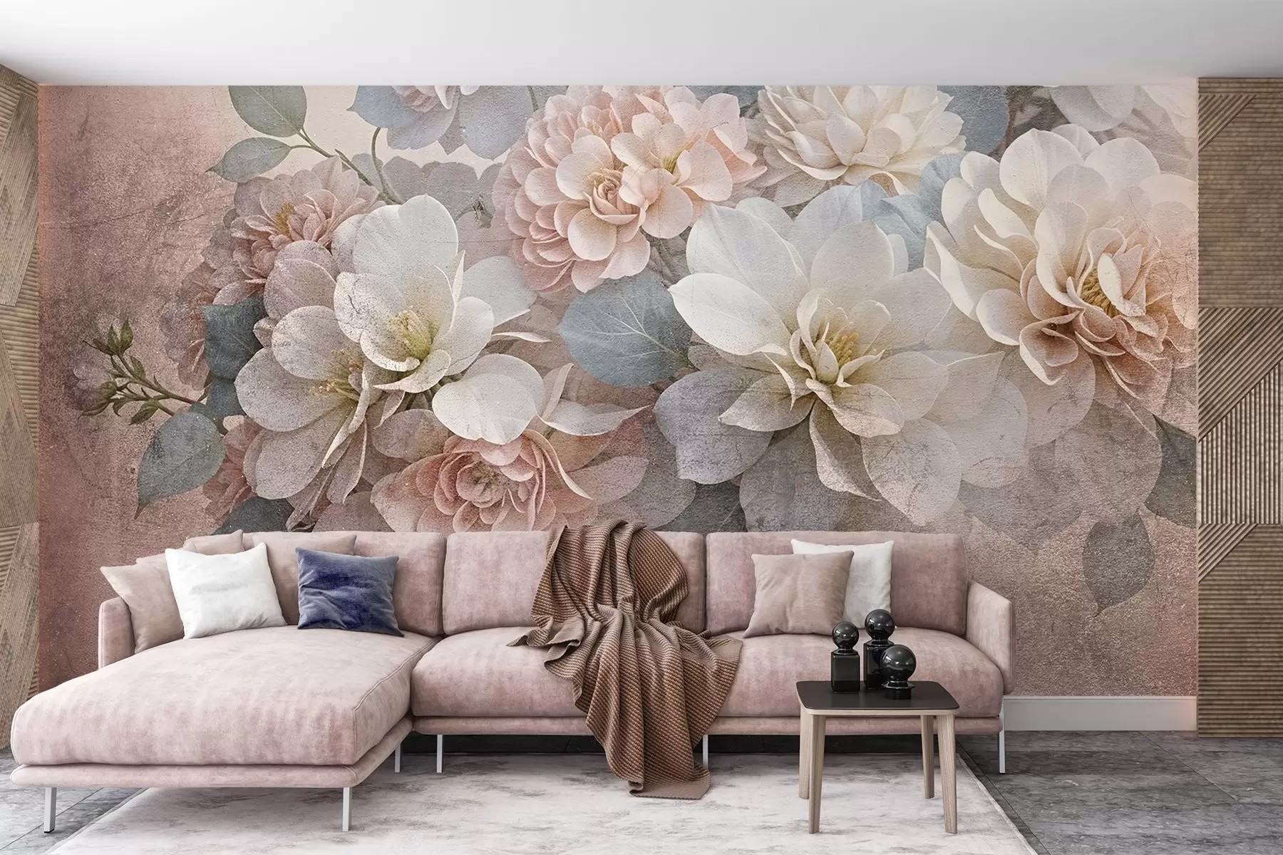 murales de pared Estampado de textura suave con flores de peonía melocotón y blancas con hojas verdes sobre fondo beige w08534