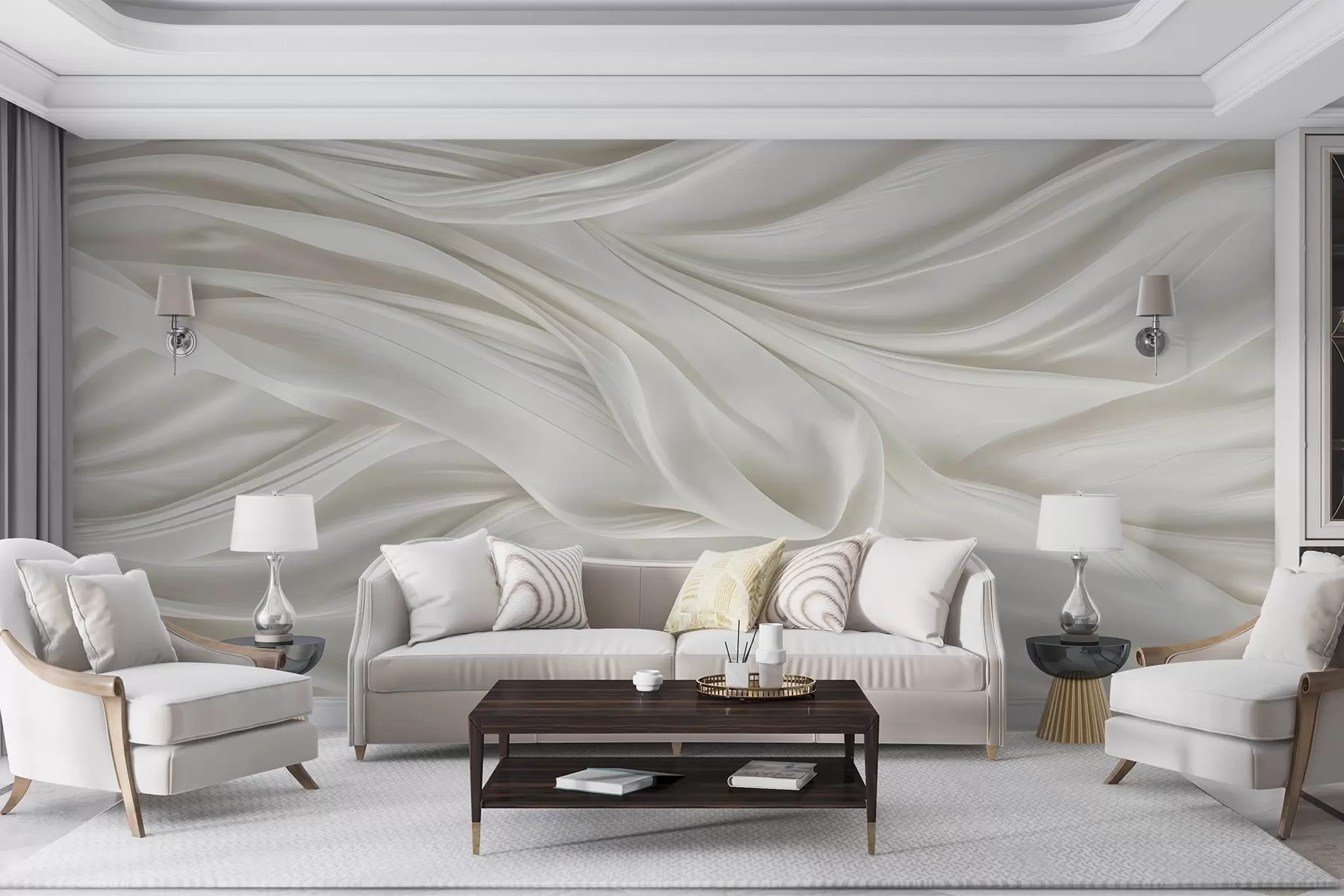 murales de pared Estampado moderno con imitación de tela blanca lisa y fluida con pliegues suaves y ondulantes w08537