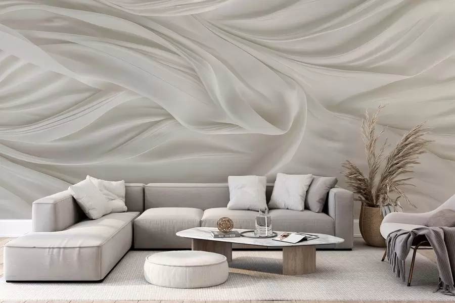 murales de pared Estampado moderno con imitación de tela blanca lisa y fluida con pliegues suaves y ondulantes w08537