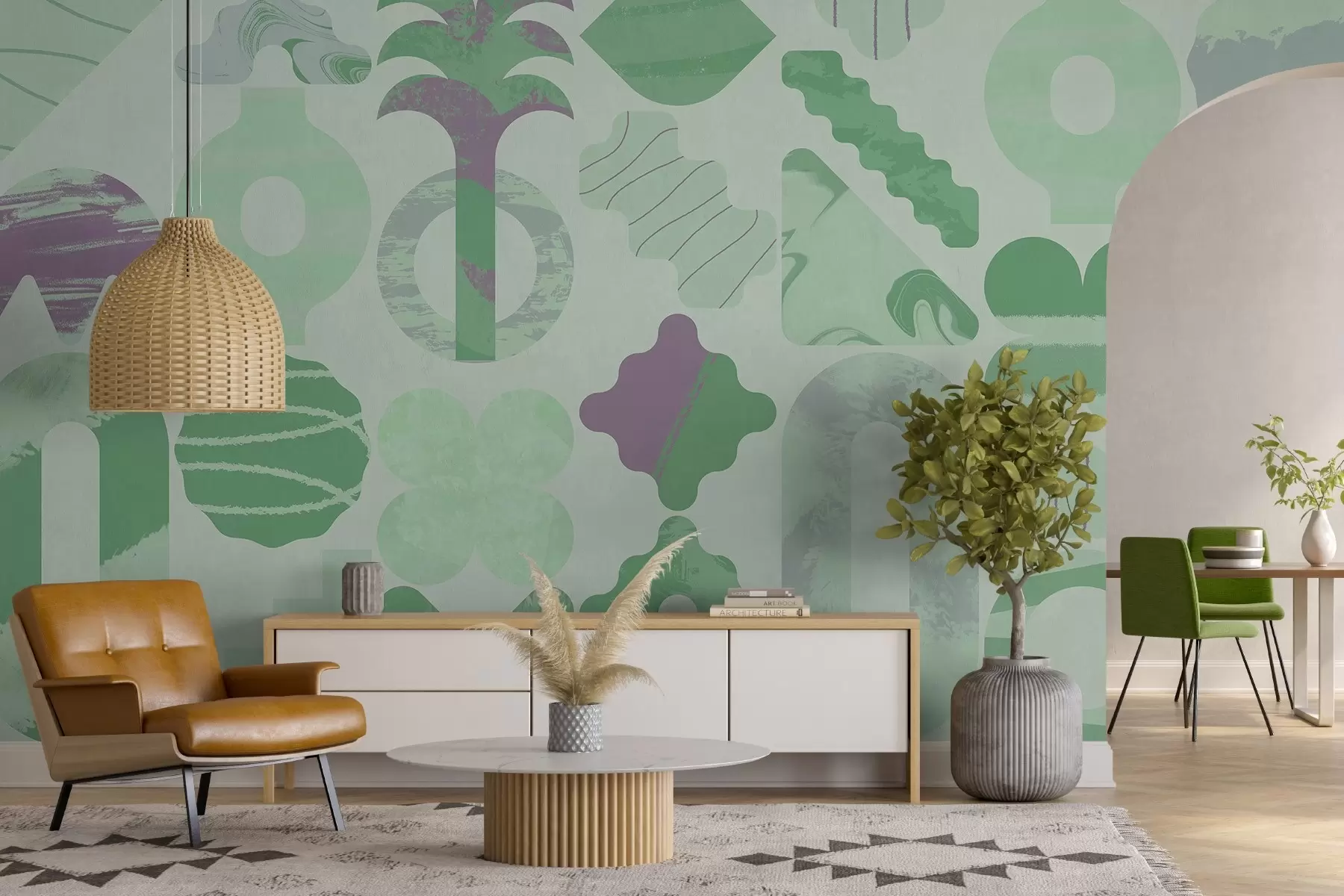 murales de pared varias formas interesantes, geometría moderna en colores verdes w02550v2