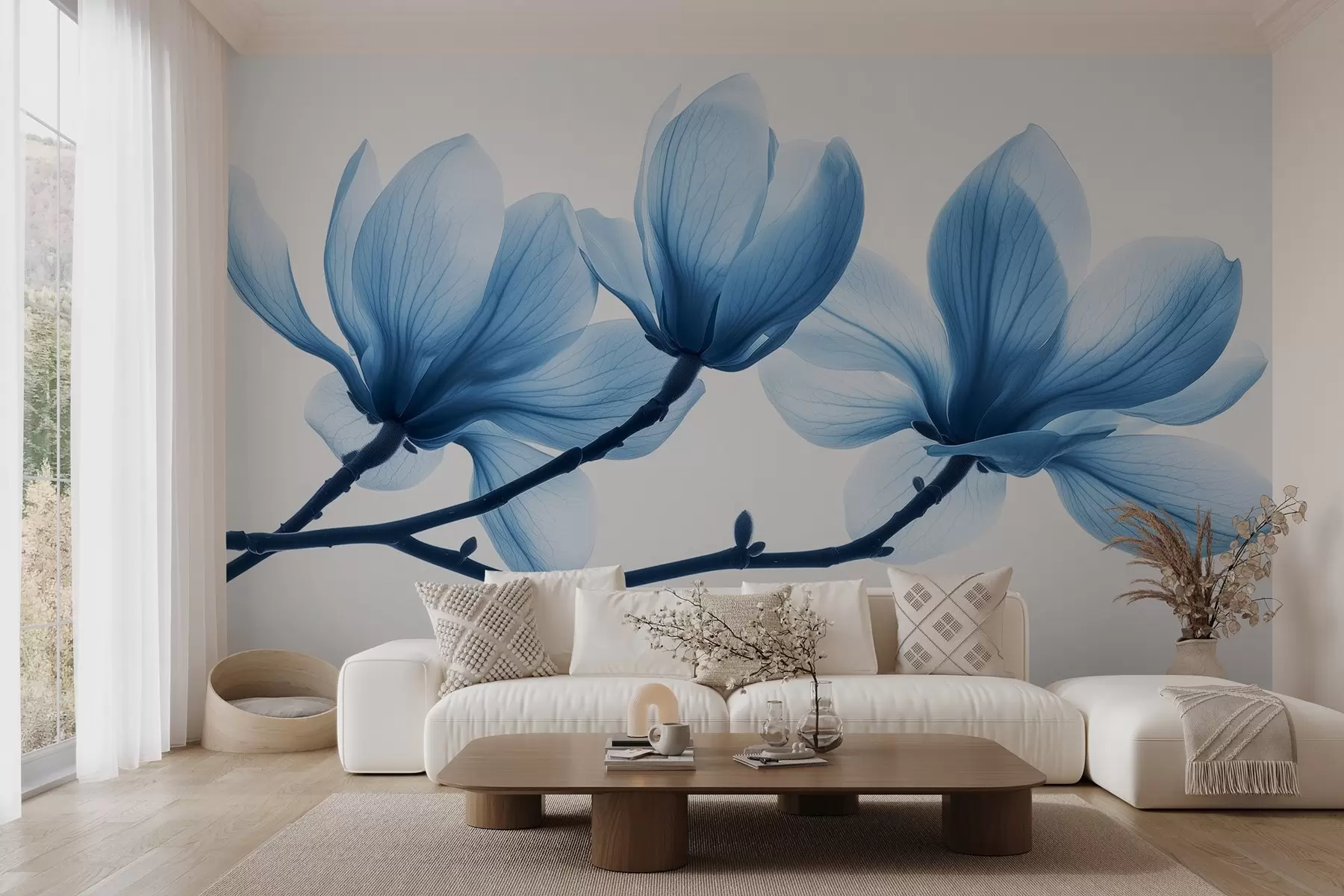 murales de pared delicadas flores azules de magnolia en las ramas w02633