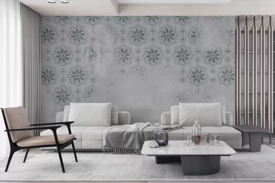 murales de pared Diseño vintage con elementos de mandala y efecto envejecido en gris claro w02551v2