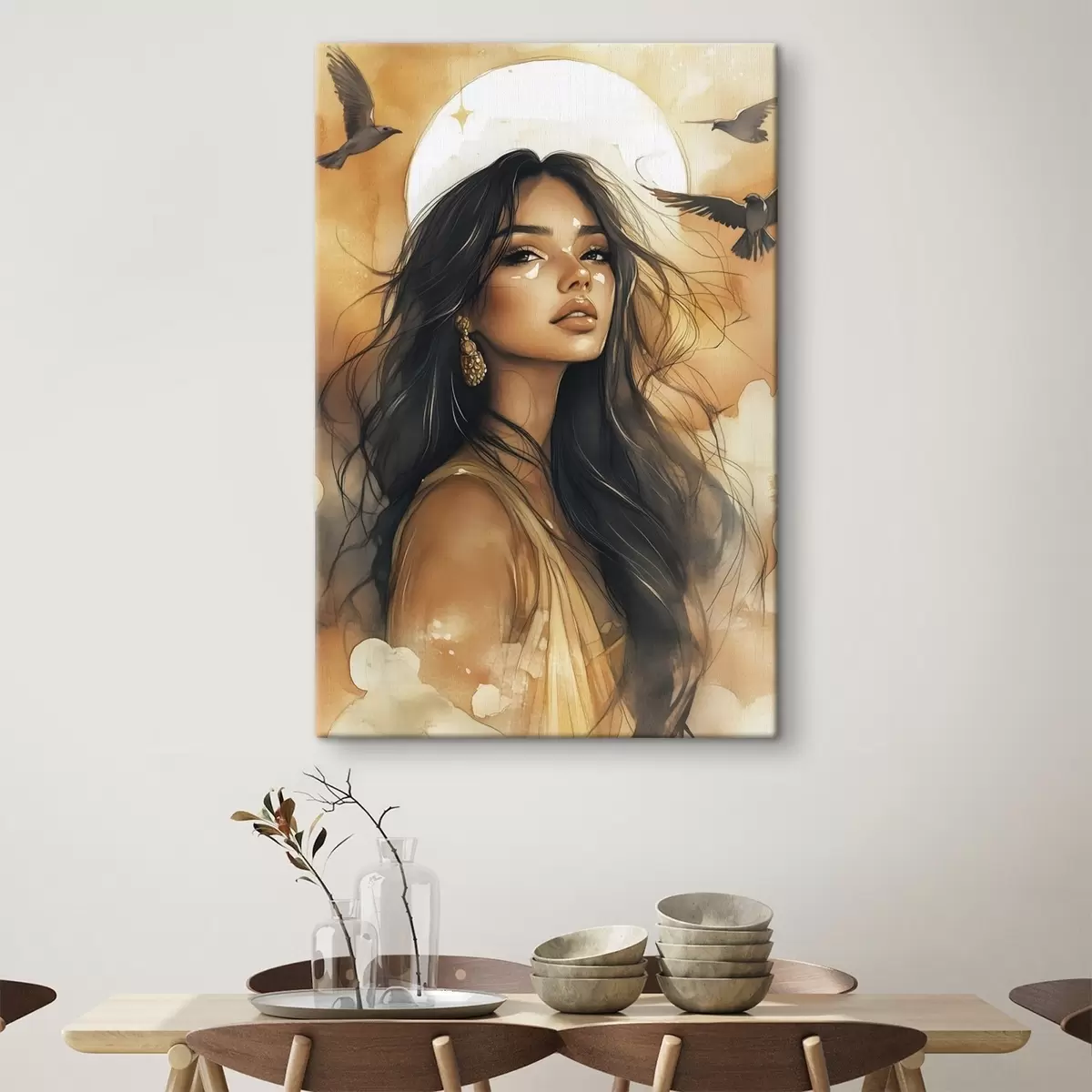 murales de pared Mujer con pájaros volando, tribal, colores beige, sol s42196