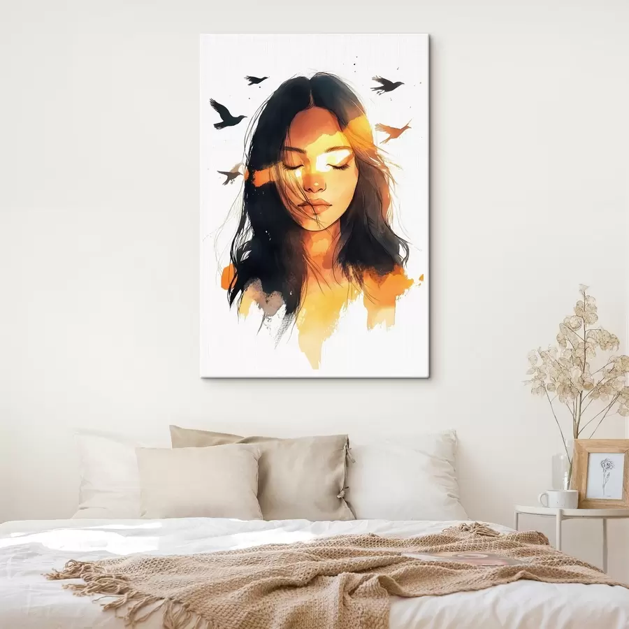 murales de pared Retrato estilo acuarela, chica guapa, luz del sol, pájaros volando s42198