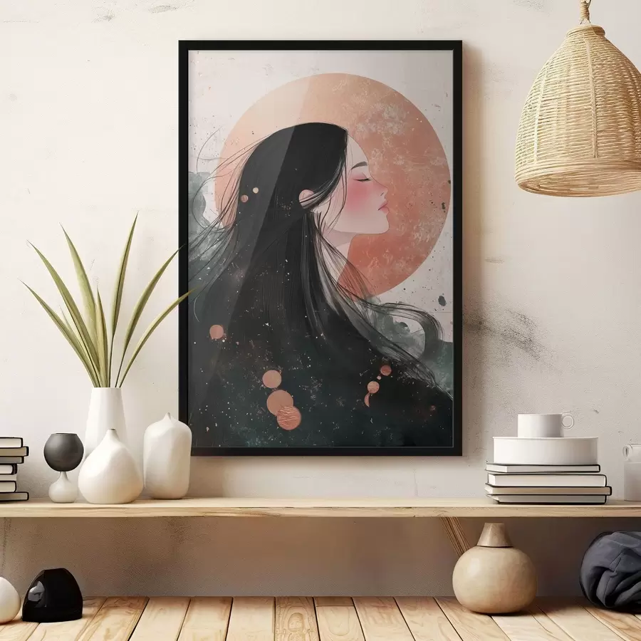 murales de pared Hermosa chica, estilo oriental, sol, colores rosados f42195