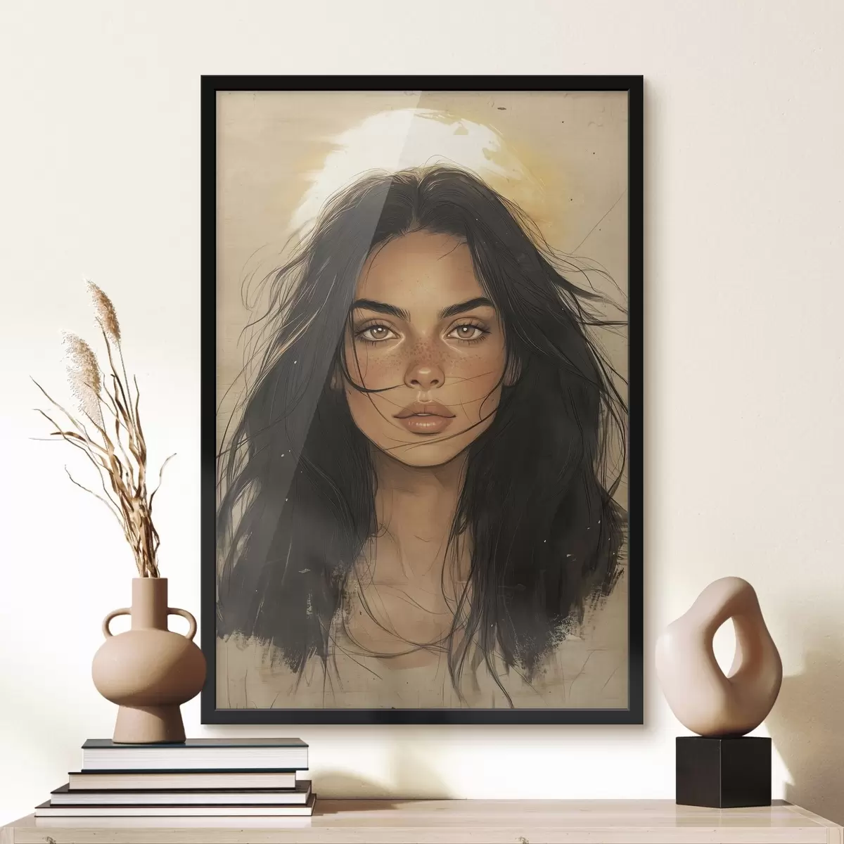 Poster Retrato de mujer, estilo tribal, colores beige f42197