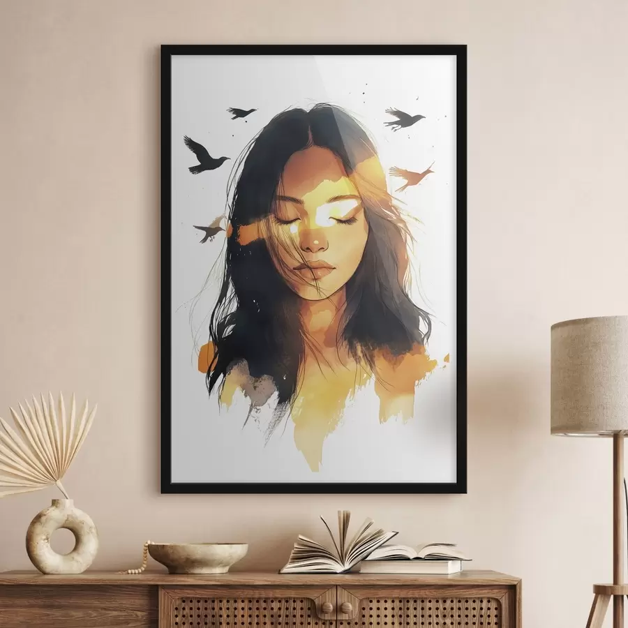 murales de pared Retrato estilo acuarela, chica guapa, luz del sol, pájaros volando f42198