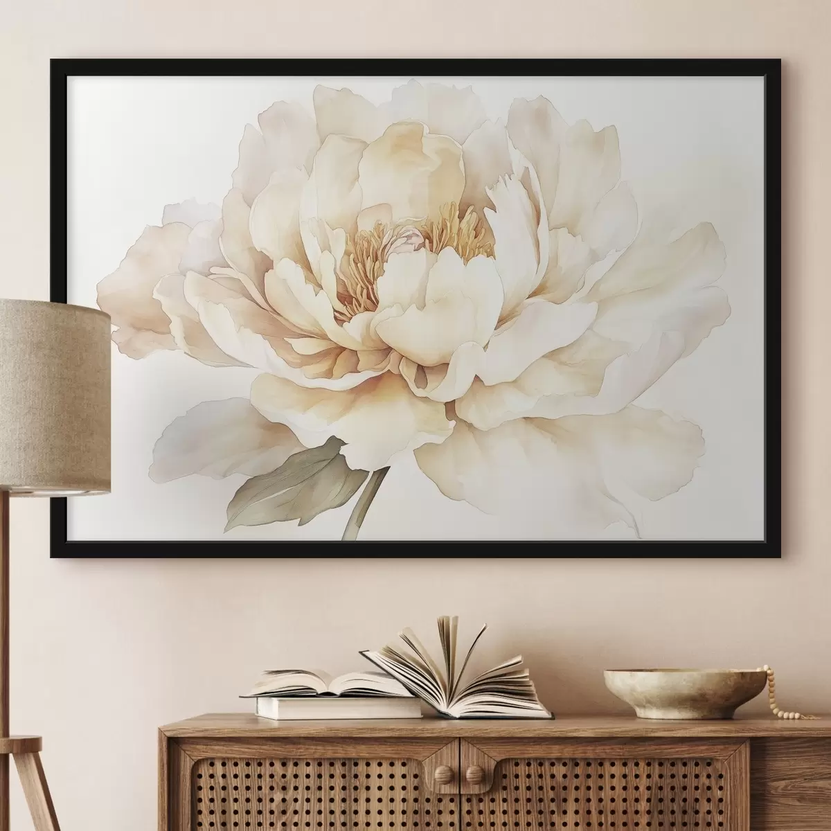 Poster Preciosa flor de peonía, colores suaves y cremosos, estilo acuarela f42201