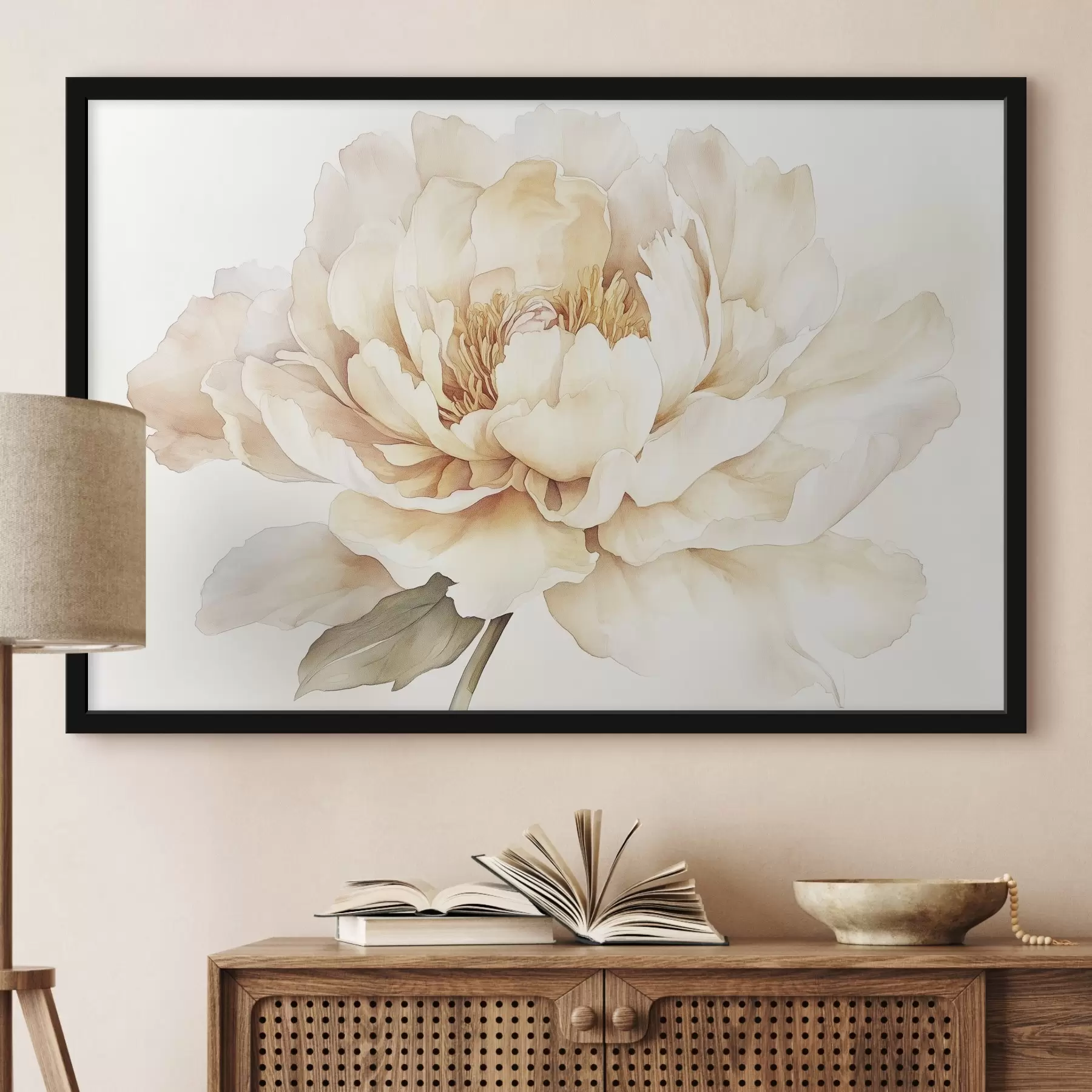 murales de pared Preciosa flor de peonía, colores suaves y cremosos, estilo acuarela f42201