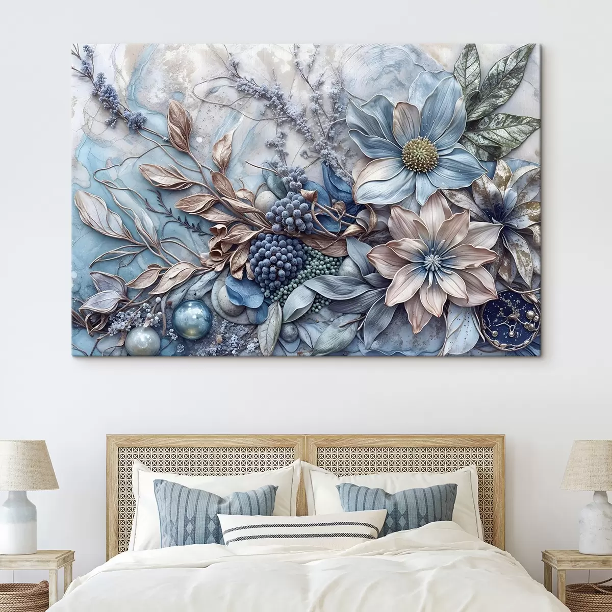 murales de pared Exuberantes flores abstractas de textura detallada con grandes y vibrantes flores azules y rosas, bayas y otros elementos botánicos  s42210