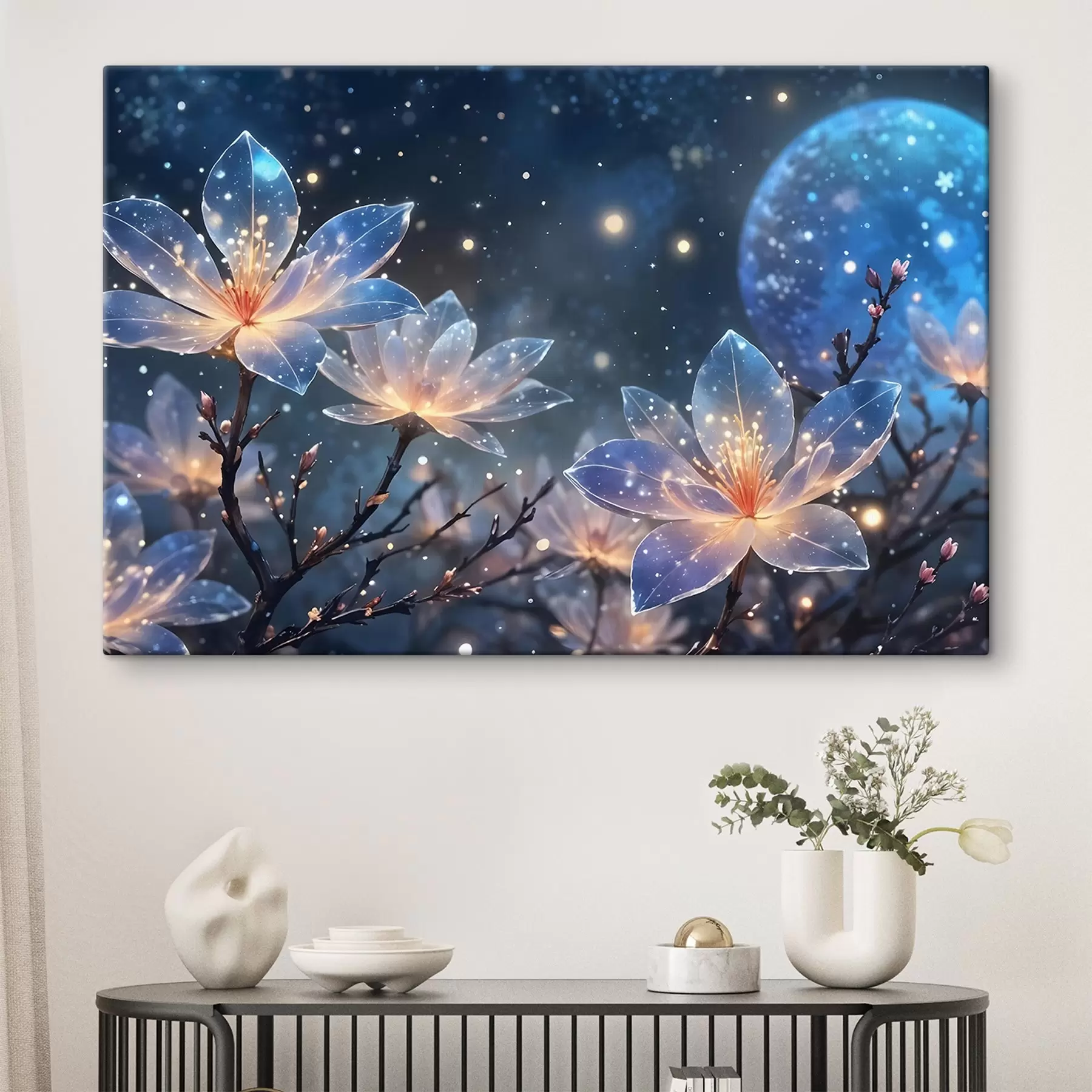 murales de pared Abstracto flores de fantasía en las ramas con pétalos de textura con las estrellas y una luna en un cielo nocturno de fondo s42211
