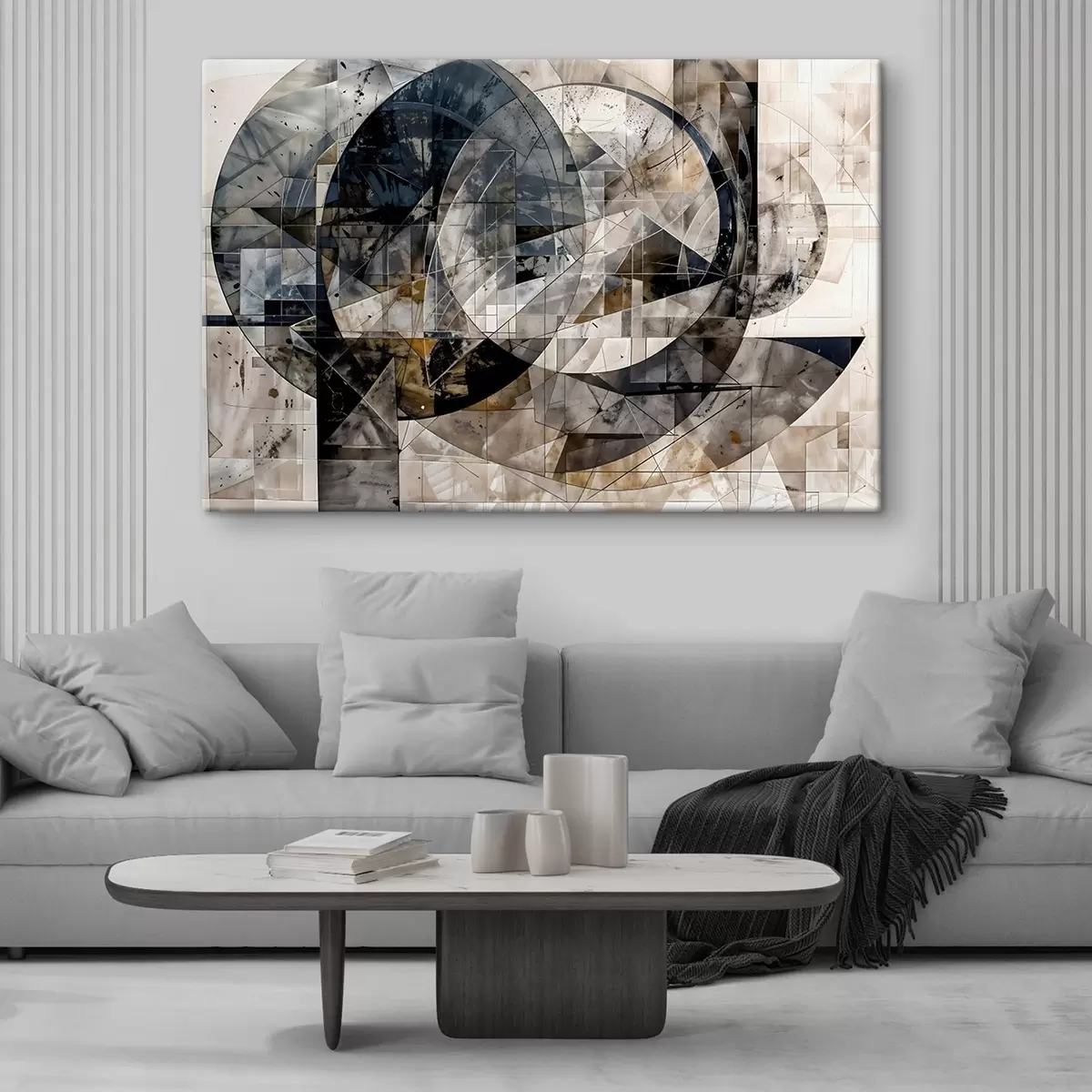 murales de pared Una composición geométrica moderna y abstracta con formas superpuestas y estampado en tonos grises, negros y beige s42212