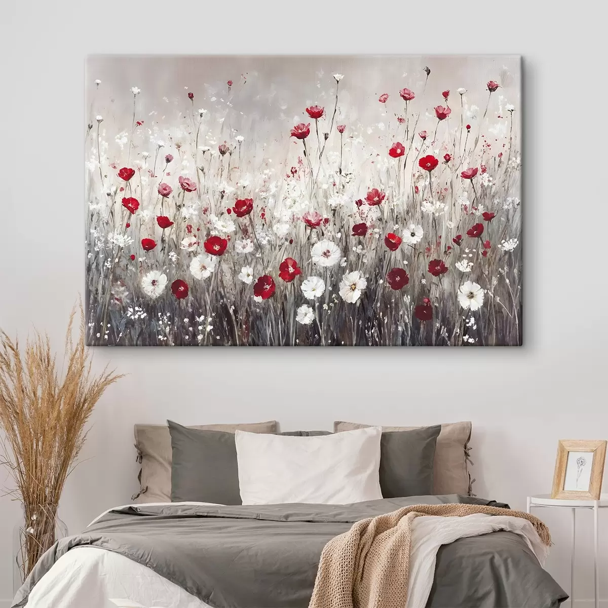 murales de pared Imitación abstracta al óleo de un campo de flores rojas y blancas de amapolas y margaritas sobre un fondo gris texturado s42213