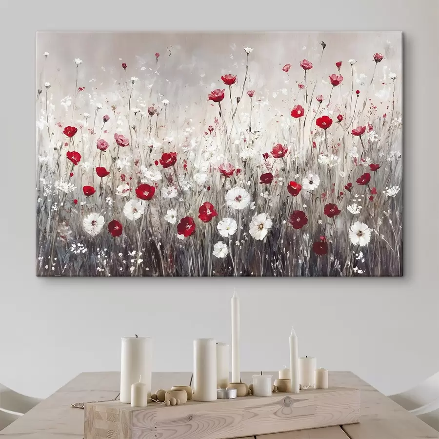 murales de pared Imitación abstracta al óleo de un campo de flores rojas y blancas de amapolas y margaritas sobre un fondo gris texturado s42213