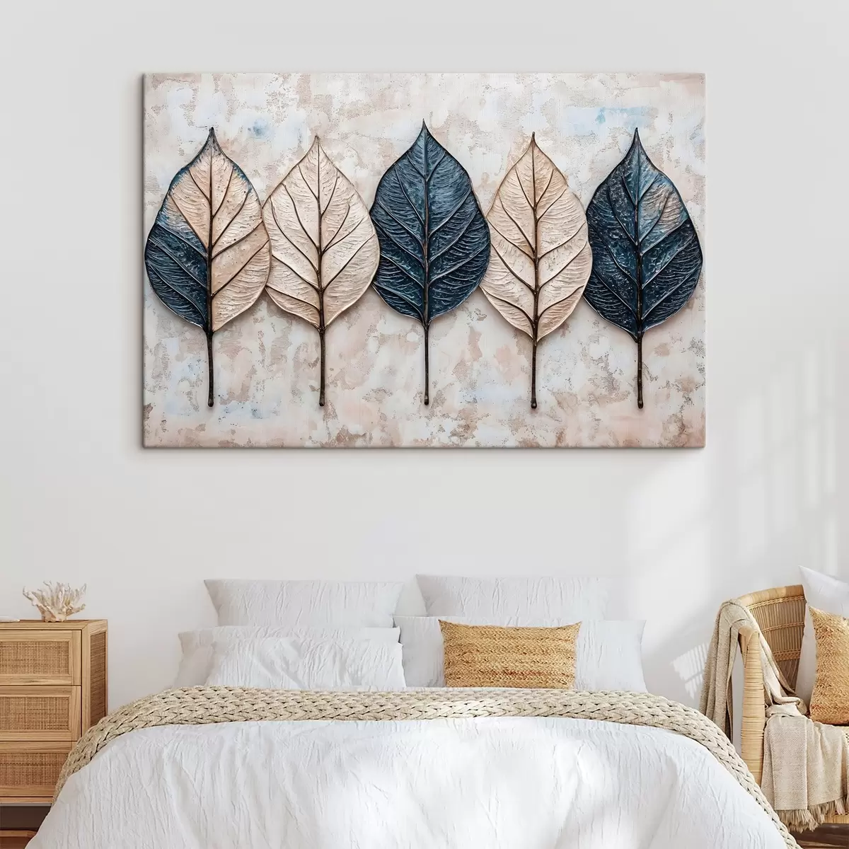 murales de pared Surtido de hojas abstractas otoñales en varios tonos de marrón, beige y azul dispuestas en fila sobre un fondo claro s42217
