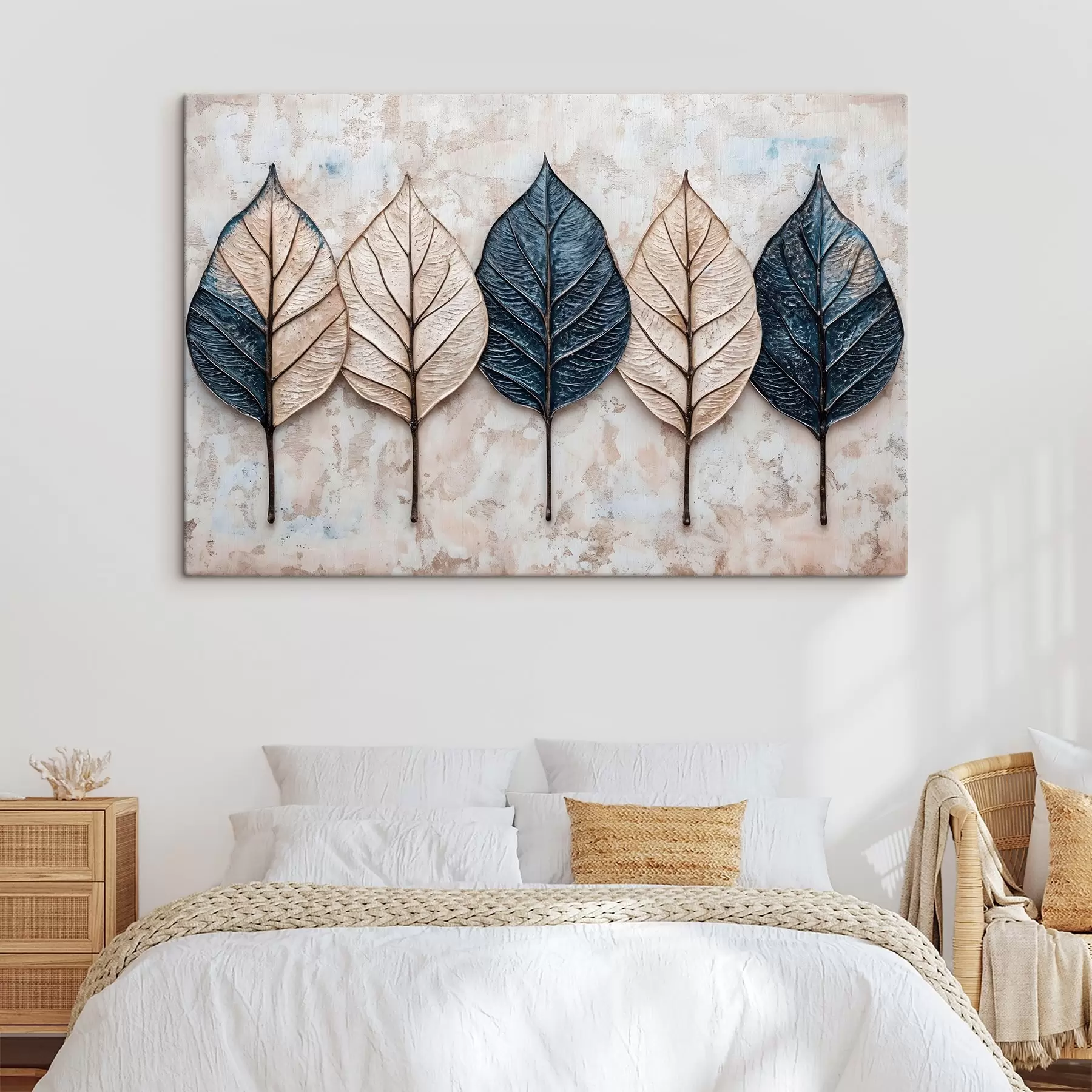 murales de pared Surtido de hojas abstractas otoñales en varios tonos de marrón, beige y azul dispuestas en fila sobre un fondo claro s42217